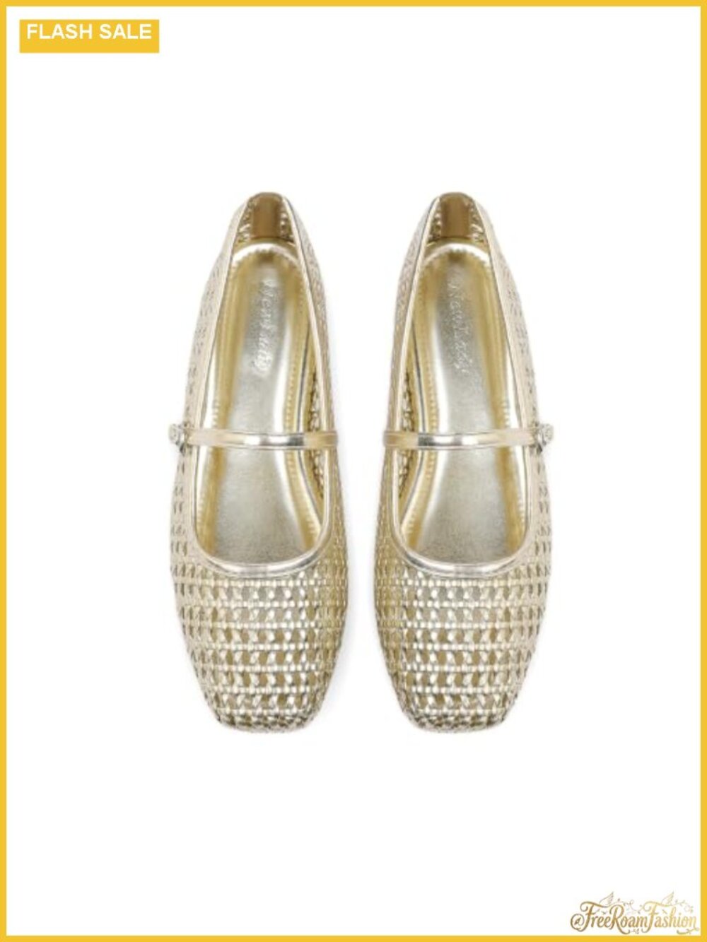 Gold Woven Mesh Mary Jane Flats Square Toe Slip On Buckle